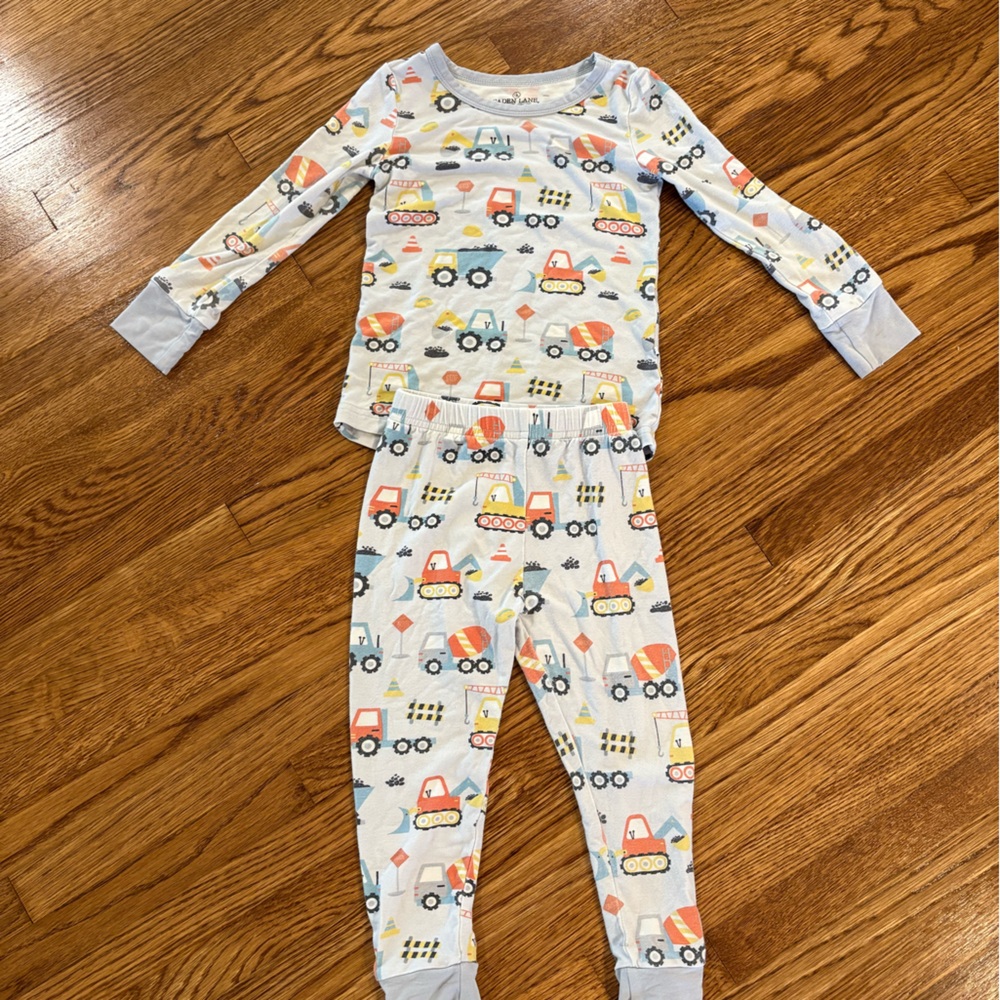 Caden Lane Construction Vehicles two Piece Pajama - Blue and Orange